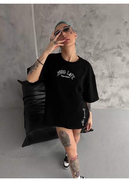 Baskılı Oversize T-Shirt - Siyah