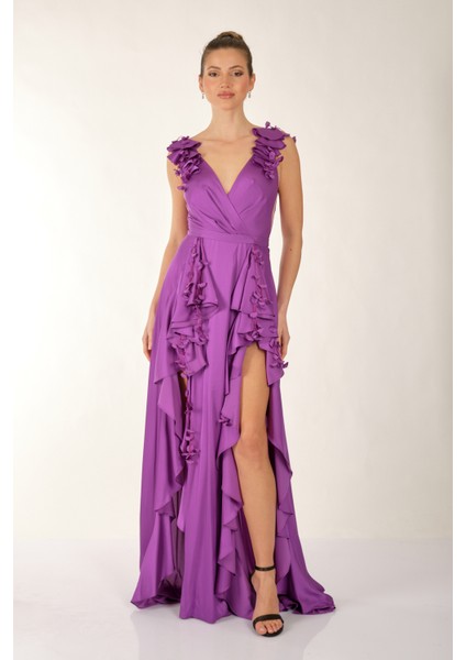 Kruvaze Yaka Yırtmaç Detaylı Askılı Mor Kadın Abiye 2246641