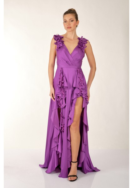 Kruvaze Yaka Yırtmaç Detaylı Askılı Mor Kadın Abiye 2246641 fiyatları