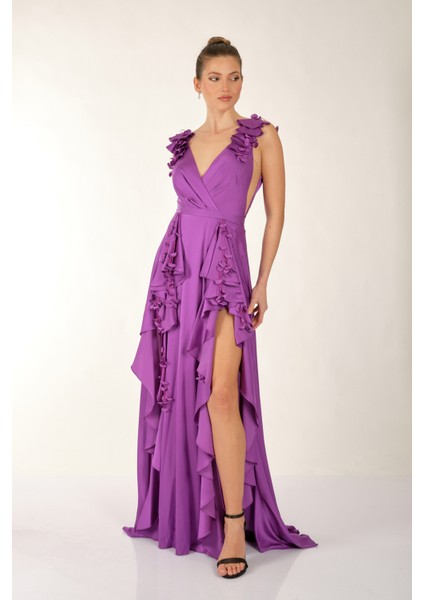 Kruvaze Yaka Yırtmaç Detaylı Askılı Mor Kadın Abiye 2246641 modelleri