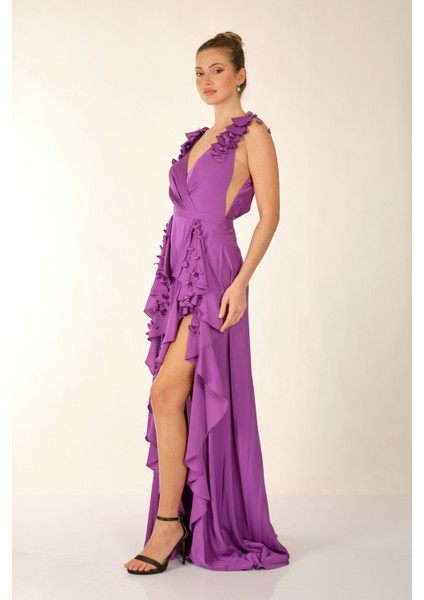 Kruvaze Yaka Yırtmaç Detaylı Askılı Mor Kadın Abiye 2246641 fırsatları