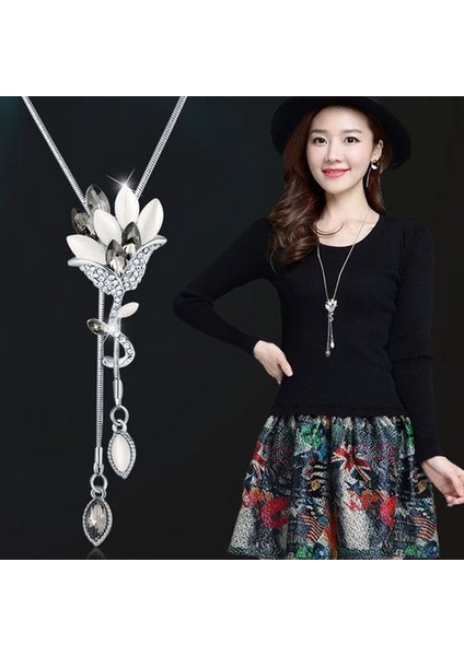 Kar Tanesi Pembe Zirkon Uzun Kazak Zinciri Ince Metal Sevimli Kristal Kolye (Yurt Dışından)