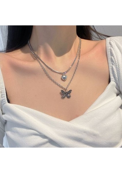 Kpop Bölünmüş Kalp Opal Metal Gümüş Renk Inci Çok Katmanlı Kolye (Yurt Dışından)