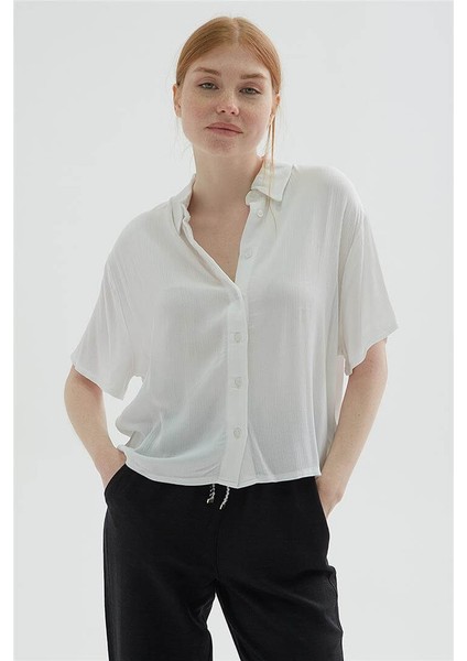 Desenli Crop Gömlek Ekru