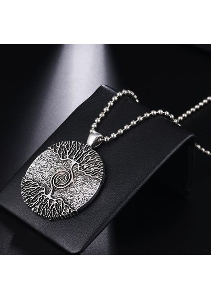 Vikings Muska Hayat Ağacı Yuvarlak Gümüş Renk Büyük Paslanmaz Kolye (Yurt Dışından)