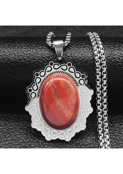 Paslanmaz Çelik Bohemya Doğal Taş Vintage Kadın Gümüş Renk Oval Kolye (Yurt Dışından)