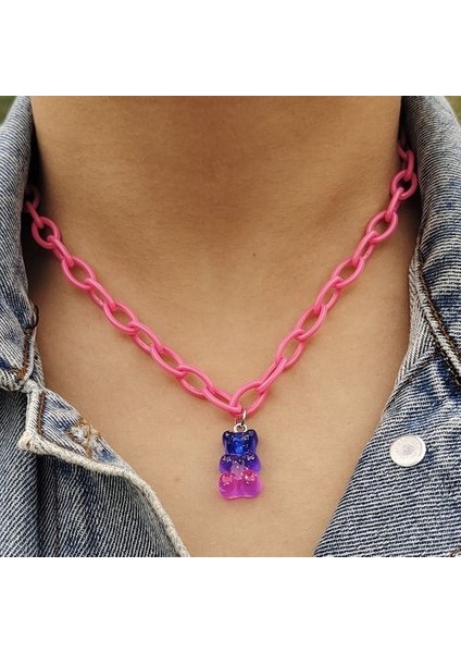 Sevimli Sakızlı Ayı Kadın Şeker Renk Akrilik Zincir Uzun Kolye (Yurt Dışından)