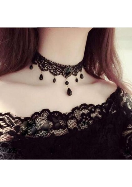 Gotik Punk Dantel Gerdanlık Kadın Retro Klavikula Zinciri Kolye (Yurt Dışından)