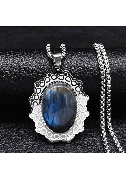 Stainless Steel Bohemia Natural Stone Vintage Necklaces Women Silver Color Oval Kolye (Yurt Dışından)
