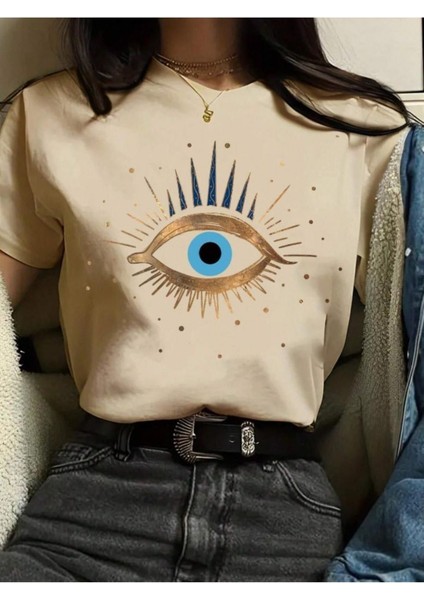 Kadın Bej Eye Baskılı Regular T-Shirt