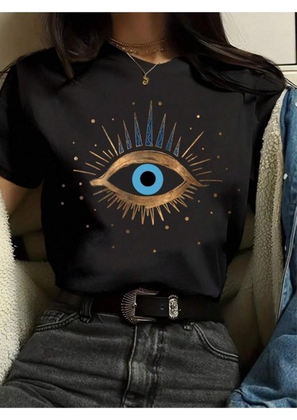 Kadın Siyah Eye Baskılı Regular T-Shirt