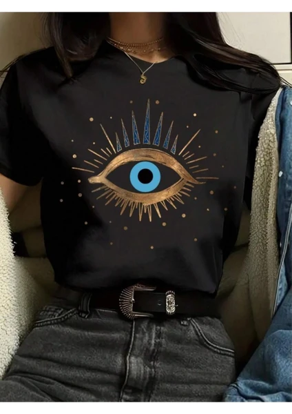 Kadın Siyah Eye Baskılı Regular T-Shirt