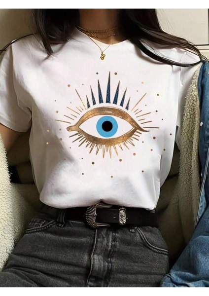 Kadın Beyaz Eye Baskılı Regular T-Shirt