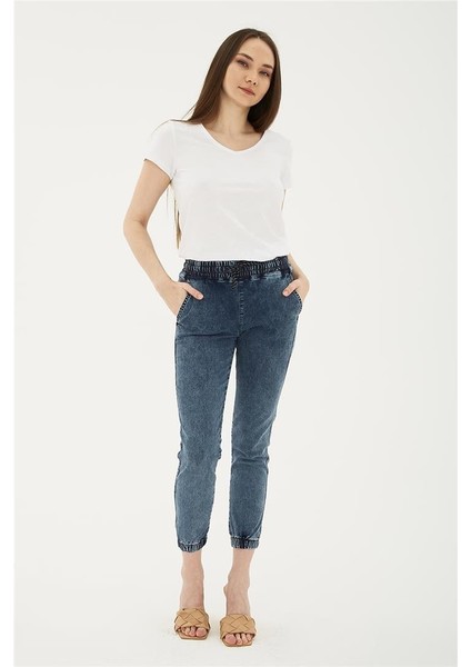 Paçası ve Beli Lastikli Denim Pantolon Mavi