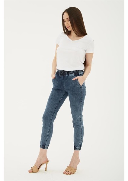 Paçası ve Beli Lastikli Denim Pantolon Mavi fiyatları