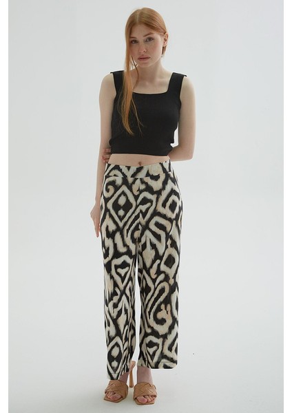 Desenli Crop Pantolon Siyah