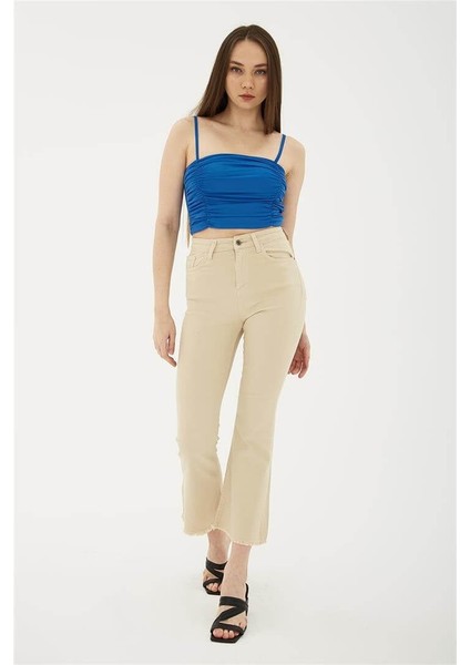 Crop Flare Denim Pantolon Bej fiyatları