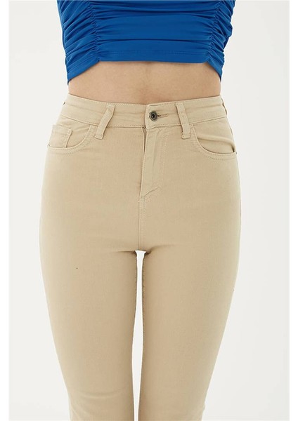 Crop Flare Denim Pantolon Bej modelleri