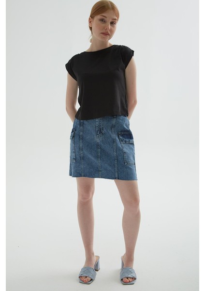 Kargo Cep Denim Etek Mavi