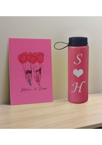 Sevgiliye Özel Isimli Pembe Defter ve Fuşya Cam Matara Hediye Seti-2, Sevgiliye Hediye, Sevgililer Günü, Yeni iş hediyesi