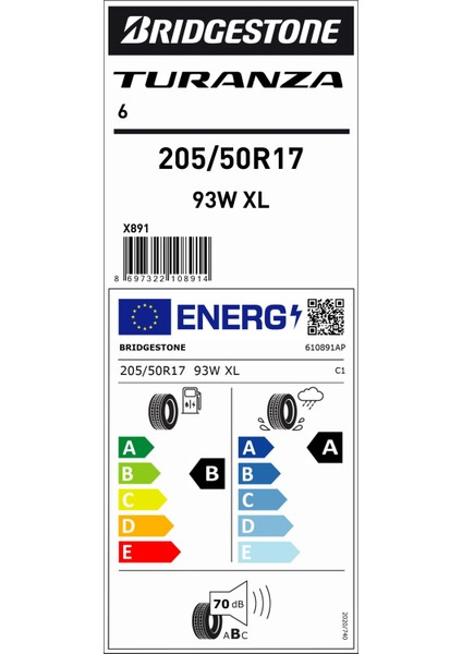 205/50 R17 93W Xl Turanza 6 Yaz Lastiği (Üretim Yılı: 2024)