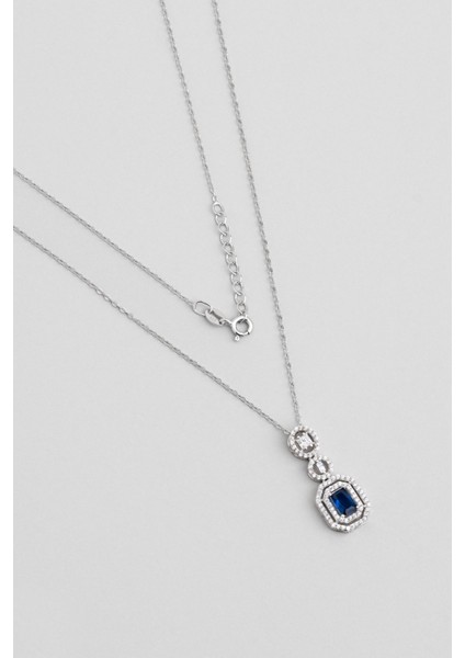 Safir Masalı 18 Ayar Beyaz Altın Kaplama 43 cm Gümüş Baget Kolye