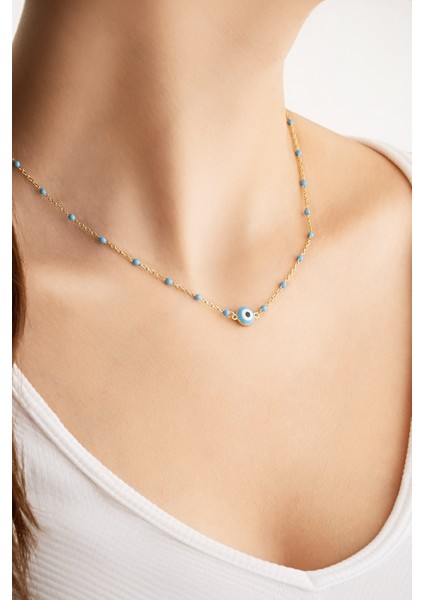 Mavi Mineli 18 Ayar Sarı Altın Kaplama 45 cm Gümüş Nazar Kolye modelleri