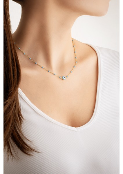 Mavi Mineli 18 Ayar Sarı Altın Kaplama 45 cm Gümüş Nazar Kolye fırsatları