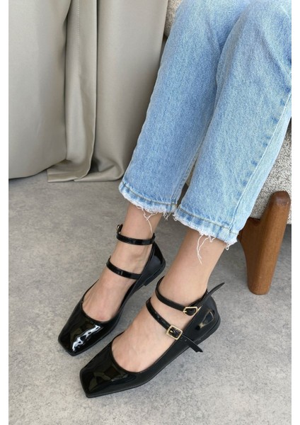 Kadın Figo Köşe Burun Babet Siyah-Rugan modelleri