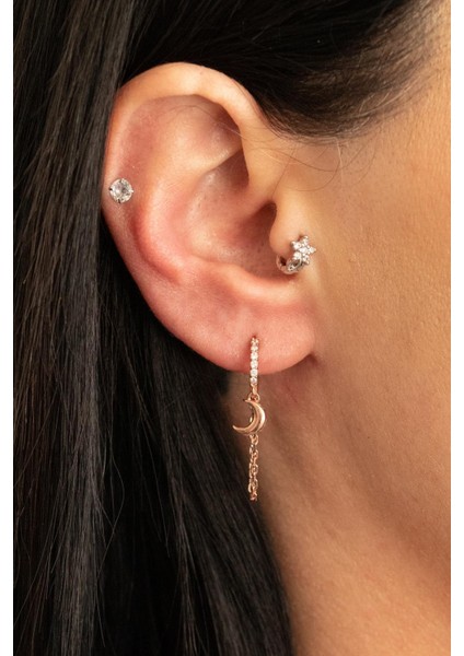 925 Ayar Gümüş Zincir Detaylı Hilal Küpe modelleri