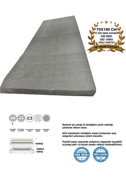 Tek Kişilik Sünger Yatak Karavan Kamp Çadır Yatağı 70 x 180 x 6 Cm-Gri
