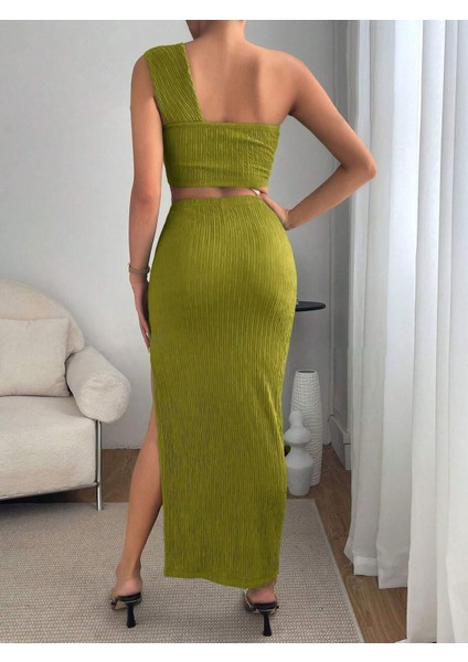 Tek Omuzlu Bükümlü Crop ve Yüksek Bel Fitilli Yırtmaçlı Etek Takım fiyatları