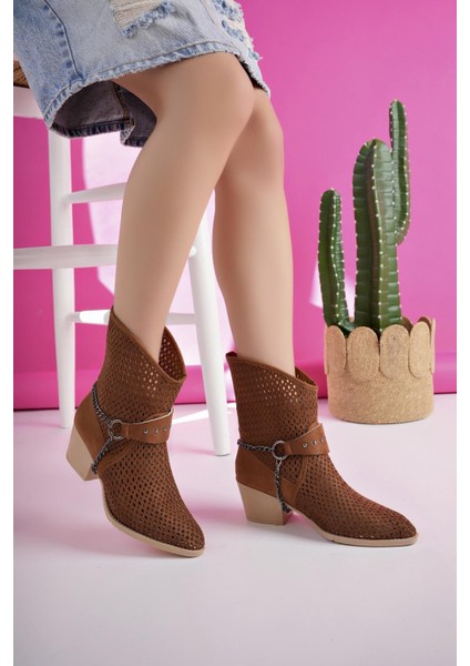 Burning Garantili Kadın Lazer Kesim Zincir Detaylı Delikli Kovboy Yazlık Topuklu Festival Bot fiyatları