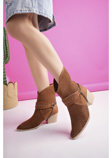 Burning Garantili Kadın Lazer Kesim Zincir Detaylı Delikli Kovboy Yazlık Topuklu Festival Bot fırsatları