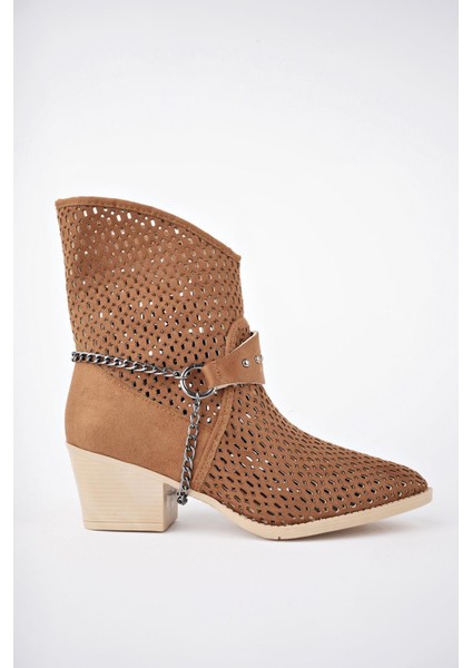 Burning Garantili Kadın Lazer Kesim Zincir Detaylı Delikli Kovboy Yazlık Topuklu Festival Bot indirimleri