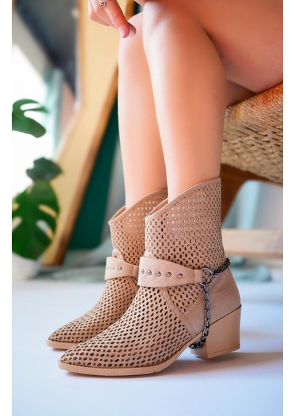 Burning Garantili Kadın Lazer Kesim Zincir Detaylı Delikli Kovboy Yazlık Topuklu Festival Bot