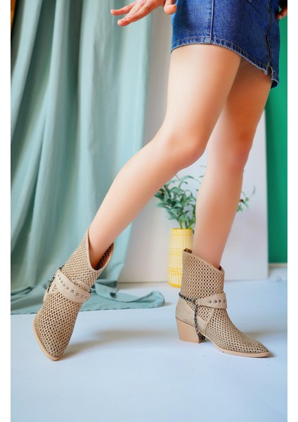 Burning Garantili Kadın Lazer Kesim Zincir Detaylı Delikli Kovboy Yazlık Topuklu Festival Bot indirimleri