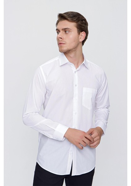 Beyaz Uzun Kollu Bez Ayağı Sert Yaka Cepli Basic Comfort Fit Rahat Kesim Gömlek 1004235051 modelleri