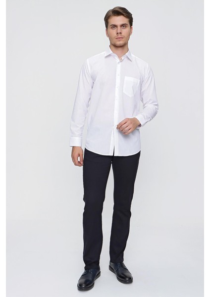 Beyaz Uzun Kollu Bez Ayağı Sert Yaka Cepli Basic Comfort Fit Rahat Kesim Gömlek 1004235051 indirimleri