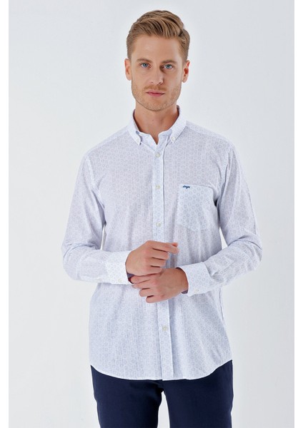 Beyaz Uzun Kollu BaskılıCepli %100 Pamuk Casual Comfort Fit Rahat Kesim Gömlek 1004230225 fiyatları