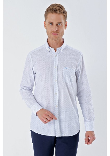 Beyaz Uzun Kollu BaskılıCepli %100 Pamuk Casual Comfort Fit Rahat Kesim Gömlek 1004230225 modelleri