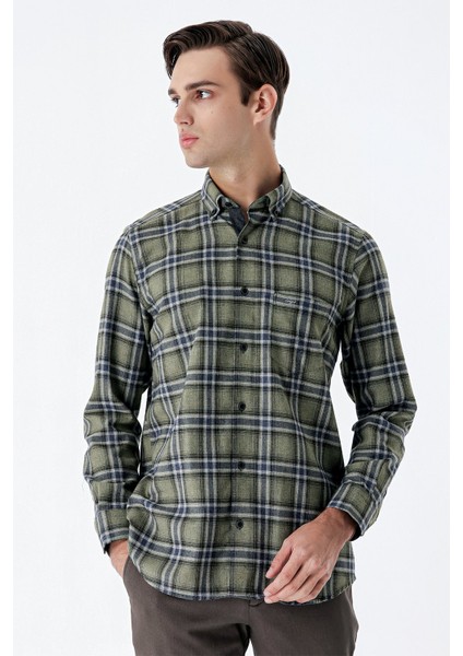Koyu Haki Uzun Kollu Ekoseli Gabardin Sert Yaka Cepli Garnili Casual Comfort Fit Gömlek 1004235109