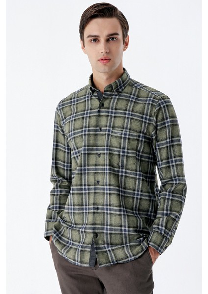 Koyu Haki Uzun Kollu Ekoseli Gabardin Sert Yaka Cepli Garnili Casual Comfort Fit Gömlek 1004235109 indirimleri