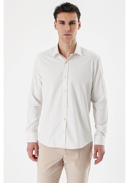 Açık Krem Uzun Kollu Armürlü Cepsiz Pamuklu Likralı Slim Fit Dar Kesim Gömlek 1004240193