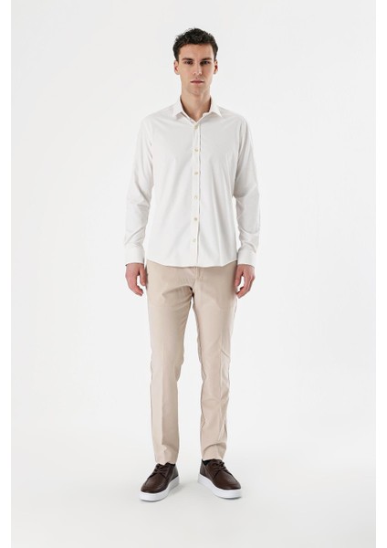 Açık Krem Uzun Kollu Armürlü Cepsiz Pamuklu Likralı Slim Fit Dar Kesim Gömlek 1004240193 fiyatları