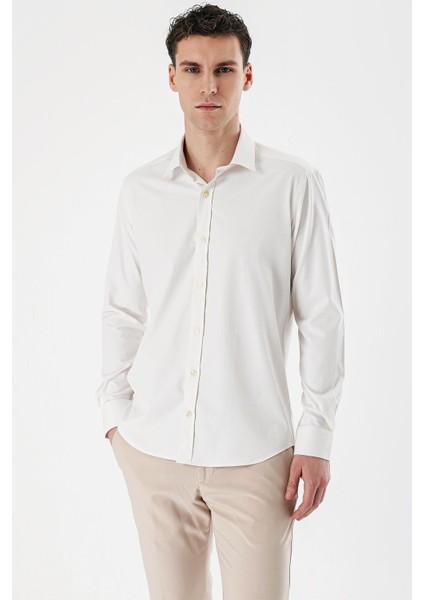 Açık Krem Uzun Kollu Armürlü Cepsiz Pamuklu Likralı Slim Fit Dar Kesim Gömlek 1004240193 modelleri