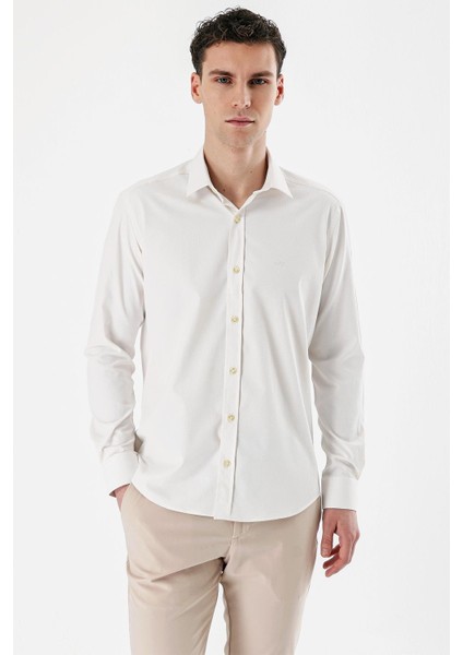Açık Krem Uzun Kollu Armürlü Cepsiz Pamuklu Likralı Slim Fit Dar Kesim Gömlek 1004240193 indirimleri