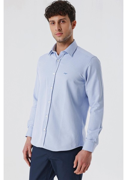 Mavi Uzun Kollu Armürlü Cepsiz Pamuklu Likralı Slim Fit Dar Kesim Gömlek 1004240193
