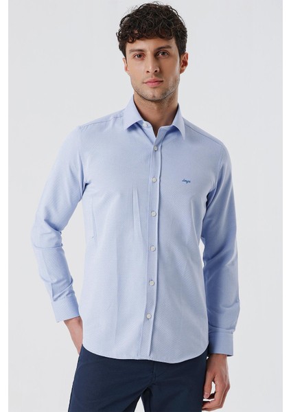 Mavi Uzun Kollu Armürlü Cepsiz Pamuklu Likralı Slim Fit Dar Kesim Gömlek 1004240193 modelleri
