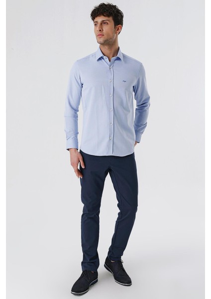 Mavi Uzun Kollu Armürlü Cepsiz Pamuklu Likralı Slim Fit Dar Kesim Gömlek 1004240193 fırsatları